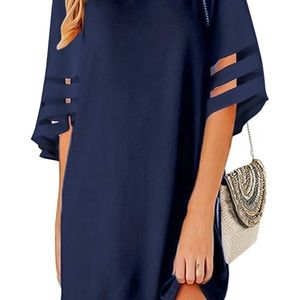 3/4 Bell Sleeve Crewneck Mesh Panel Shift Dress